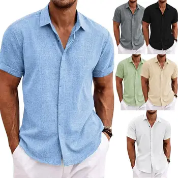 Мужские весенне-летние рубашки Повседневные свободные льняные однотонные рубашки с отложным воротником на пуговицах, рубашка в стиле ретро для мужчин, блузка, сексуальные топы