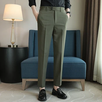 Мужские официальные брюки 2023, Новый модный дизайн с пуговицами, Однотонные мужские брюки, Тонкий деловой повседневный костюм, одежда Плюс размер 38 L24