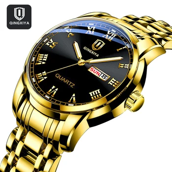QINGXIYA Модные мужские кварцевые часы лидирующий бренд, роскошный золотой ремешок из нержавеющей стали, водонепроницаемые светящиеся часы с датой недели для мужчин