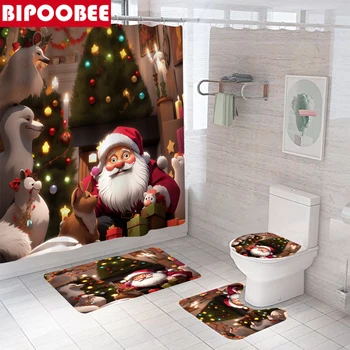 Санта-Клаус 3D, С Рождеством, Занавески для душа, Занавеска для ванной, Фестивальный декор, Подарочная ванна, Нескользящий ковер, Коврик для унитаза, Крышка