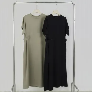 Однотонные платья с круглым вырезом, черные тонкие летние повседневные пуговицы, Корейская мода в стиле пэчворк, Свободные пуловеры, Женская одежда с коротким рукавом
