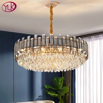 YOULAIKE Современная хрустальная люстра для гостиной с круглым / овальным дизайном, золотая светодиодная лампа Crista, роскошный цепной светильник для домашнего декора