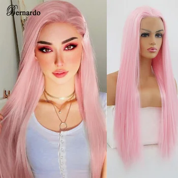Бернардо Средняя часть Синтетический парик на кружеве спереди Розовый Длинный прямой для женщин Парики для косплея из термостойкого волокна высококачественных волос