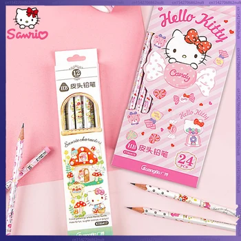 12-24 шт Деревянный карандаш Sanrio Hb с ластиком, рисунок Hello Kitty, Мелодичный карандаш, Детский рисунок, Школьные принадлежности, Канцелярские принадлежности Оптом