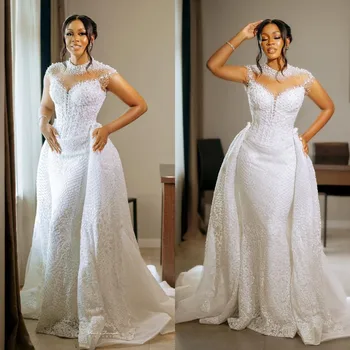 Классические свадебные платья русалки с высоким воротом из бисера и пайеток со съемными рукавами-шлейфами, кружевные аппликации, свадебные платья Vestido