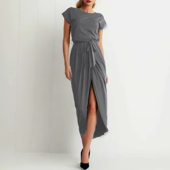 2023, Модное Новое летнее платье миди, женский халат с разрезом, короткий рукав, Тонкое однотонное повседневное платье с поясом, женское