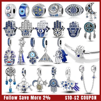 Синий 100% Серебро 925 пробы, Счастливая Египетская Рука Фатимы Хамсы, Бусины от сглаза, Шарм, оригинальный браслет, ожерелье, Подвеска, ювелирные изделия