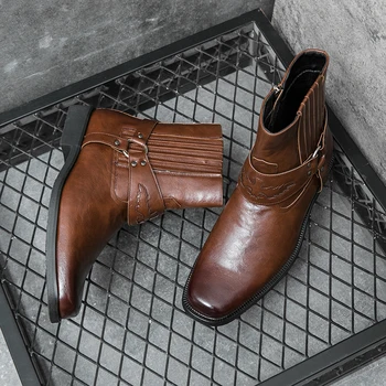 Ковбойские сапоги Мужские короткие ботинки в стиле ретро, легкие комфортные уличные ботинки большого размера 48, мужские кожаные ботинки с боковой молнией в стиле вестерн