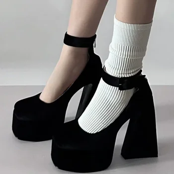 Новые черные модные туфли на платформе, женские туфли на толстом каблуке с ремешком на щиколотке, пикантные туфли Marry Jane, весенние брендовые туфли-лодочки на высоком каблуке