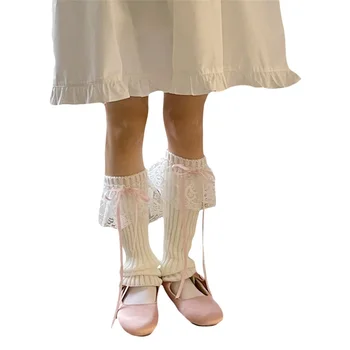 Вязаные гетры, гетры ниже колена в рубчик, носки с кружевным бантом средней длины для женщин и девочек