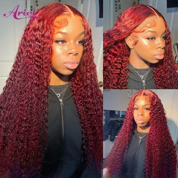 Глубокий кудрявый кружевной фронтальный парик 13x4 HD Прозрачный 99J Бордовый Кружевной фронтальный парик красного цвета с вьющимися волнами из человеческих волос для женщин