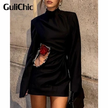 Женское Темпераментное черное шерстяное платье с длинным рукавом и цветочным декором 9.7 GuliChic
