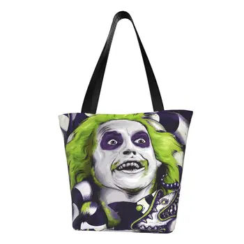 Сумка для покупок Funny Horror Ghost Beetlejuice для переработки комедийного фэнтезийного фильма, холщовая сумка для покупок продуктов, сумка для покупок через плечо