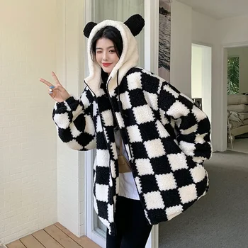 QNPQYX Новая Крупногабаритная Свободная куртка из искусственного овечьего флиса в шахматном порядке Harajuku, Пушистое пальто, Женская уличная одежда в стиле хип-хоп, Зимняя Пушистая куртка