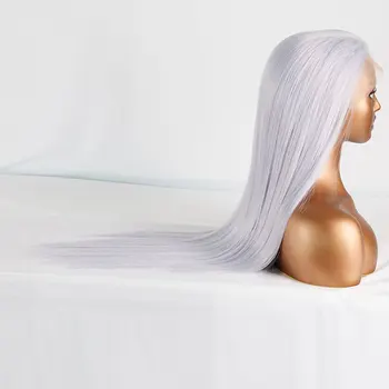 Светло-серый Бесклеевой Синтетический парик на кружеве Длинные Прямые волосы из термостойкого волокна, Предварительно выщипанные по линии роста волос для женщин Парики