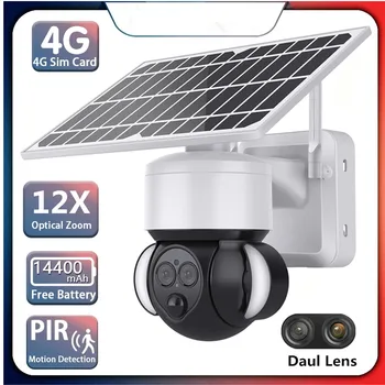 6-Мегапиксельная Камера 4G SIM-карты На Солнечной Батарее С Двойным Объективом PTZ-Камеры Безопасности с 12-Кратным Зумом AI Humanoid Tracking Outdoor Surveillance Cam