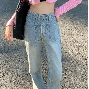Женские джинсы больших размеров, прямые мешковатые модные брюки с высокой талией, уличная одежда Harajuku, винтажные повседневные женские джинсовые брюки с широкими штанинами