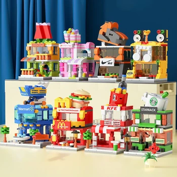 Вид на улицу города Модель мини-дома Набор строительных блоков Креативная сборка кирпичей DIY Развивающие игрушки для детей Подарки на День рождения