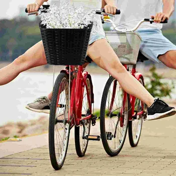 Передняя корзина велосипеда Плетеная из ротанга Корзина с крышкой, корзины для хранения руля, подъемные корзины для электровелосипеда для (черный)