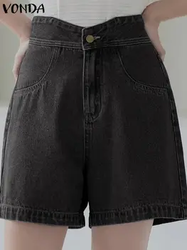 Элегантные свободные женские шорты VONDA 2023, летние джинсовые брюки с высокой талией, пуговицы, карманы, повседневные однотонные шорты, уличные брюки