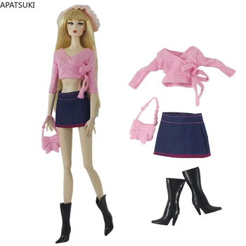Розовый комплект уличной одежды для куклы Барби, уникальный дизайн, топ, юбка, сапоги, сумка для кукол Barbie 1/6, аксессуары и игрушки для кукол.