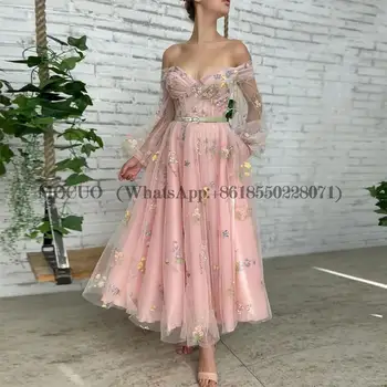 Элегантное розовое платье в цветочек для выпускного вечера, Очаровательное платье трапециевидной формы, Милая Иллюзия, Вечерние платья с длинным рукавом и открытыми плечами, женские