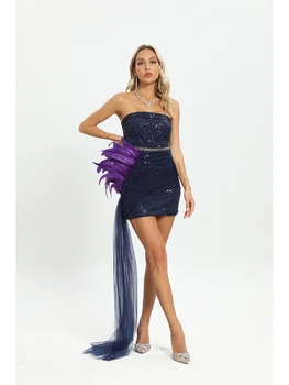 Летнее женское Сексуальное модное платье без бретелек с перьями, блестящими пайетками, темно-синее бандажное платье знаменитости, элегантное вечернее платье Vestido
