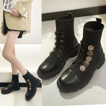 Новые женские ботинки, весенне-зимняя обувь, модная дизайнерская обувь, Ботинки на платформе, коричневые, черные кожаные ботильоны на пуговицах.