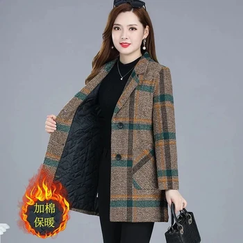 Шерстяное пальто для женщин среднего возраста, Женская одежда для матери средней длины, Корейская новинка 2023 года, осенне-зимняя модная шерстяная куртка в клетку