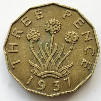 Король Георг Vi, Англия, 3-миллиметровая многоугольная иностранная монета 22 мм, латунная монета, Год выпуска Случайный