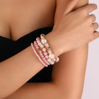 Набор браслетов из богемных бусин ручной работы NCEE Для женщин, Розовая Жемчужная цепочка, браслет, Ювелирные аксессуары в стиле бохо для девочек, подарок