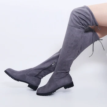 Модные длинные сапоги, зимние женские ботинки 2023, сексуальные сапоги выше колена, осенняя обувь, Замшевые сапоги до бедра на низком каблуке, женская обувь