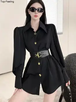Женская модная черная рубашка с длинным рукавом и поясом, лето -осень, Офисные женские повседневные однобортные Белые блузки, Корейская одежда