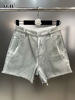 VGH Карманы в стиле пэчворк, винтажные джинсовые брюки для женщин, высокая талия, градиентный необработанный подол, Прямые повседневные шорты, женский модный стиль