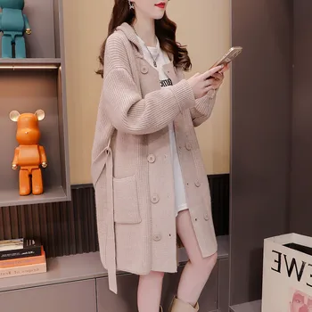 Осенне-зимний свитер, пальто, женский утолщенный кардиган средней длины в новом корейском стиле, вязаный кардиган с V-образным вырезом на шнуровке в ленивом стиле Tide