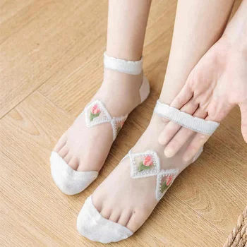 Хрустальные шелковые носки, женские короткие носки, ультратонкие прозрачные женские эластичные носки до щиколоток в стиле харадзюку с цветочным рисунком Каваи, новинка лета