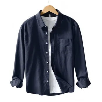 Повседневная однотонная рубашка унисекс большого размера с длинными рукавами из хлопка и льна, модная универсальная верхняя одежда, топ
