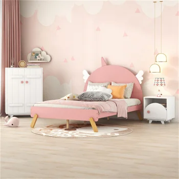 Спальные Гарнитуры из 3 предметов, Полноразмерная кровать-платформа С тумбочкой И шкафом, Белый + Розовый, Легко Монтируется Для мебели для спальни