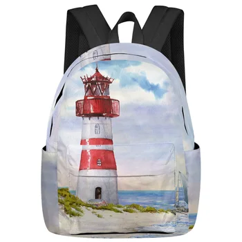 Винтажный акварельный рюкзак Lighthouse Island, школьные сумки для подростков, студенческие сумки для девочек, сумка для ноутбука, Женский повседневный рюкзак для путешествий
