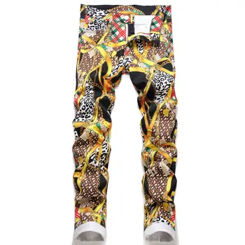 2023 Летние Новые уличные модные мужские джинсы с цифровой печатью, популярные облегающие мужские брюки средней посадки для маленьких ножек Оптом