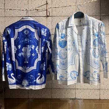 Y2k Реальные фотографии Рубашки Casablanca, высококачественная гавайская рубашка Holiday Casa с принтом в виде ракушки голубого лебедя и длинным рукавом, с полным принтом, для мужчин и женщин