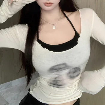 Облегающая футболка Hotsweet в корейском стиле с длинными рукавами, осень 2023, тонкая футболка, укороченные топы