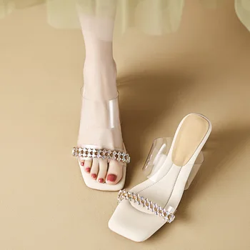 Сандалии и тапочки для женщин, носящих французские прозрачные сандалии для летней носки, на толстом каблуке, на высоком каблуке, туфли с украшением в виде кристаллов S-A39