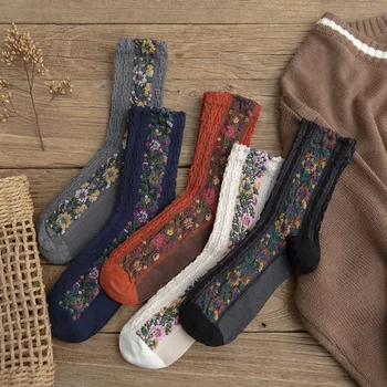 Женские носки из чистого хлопка с цветочной вышивкой, носки средней длины, ретро Тренд 2023, этнический стиль, Весна-лето, Бесплатная доставка, Вентиляция