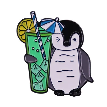 Напиток со льдом с лимоном, милый пингвин, детская металлическая эмалевая одежда, шляпа, сумка, пальто, значок на лацкане, брошь, булавка