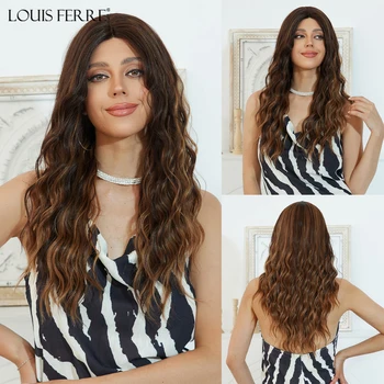 LOUIS FERRE Длинные волнистые синтетические парики 13*1 на кружеве спереди для чернокожих женщин, темно-коричневые Смешанные светлые волосы с изюминкой, кружевные волосы для ежедневного косплея