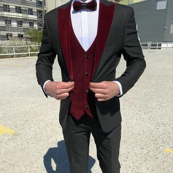 Черные мужские костюмы Бордовый Бархатный Жилет Costume Homme Slim Fit Prom Terno Masculino Блейзер Одежда для жениха 3 шт. (Куртка + Брюки + Жилет)