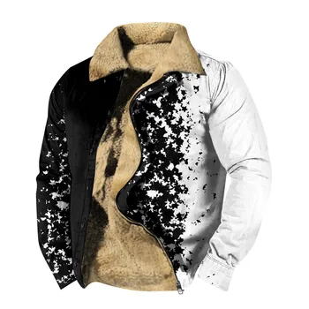 Винтажная куртка с лацканами с принтом, мужское осенне-зимнее флисовое теплое пальто, Повседневная мужская спортивная одежда на молнии с длинным рукавом на открытом воздухе, Новинка 2023 года