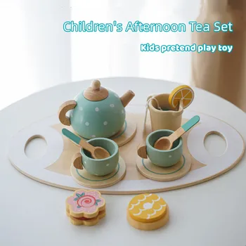 Детская игрушка для ролевых игр, имитирующая Послеобеденный чай, десерт, торт, Чайный набор, деревянные игрушки, миниатюры кукольного домика, кухонные игрушки, подарок для детей