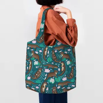 Многоразовая хозяйственная сумка Otters Family с водяными лилиями, женская холщовая сумка через плечо, портативные сумки для покупок с милыми продуктами из выдры, сумочка для покупок
